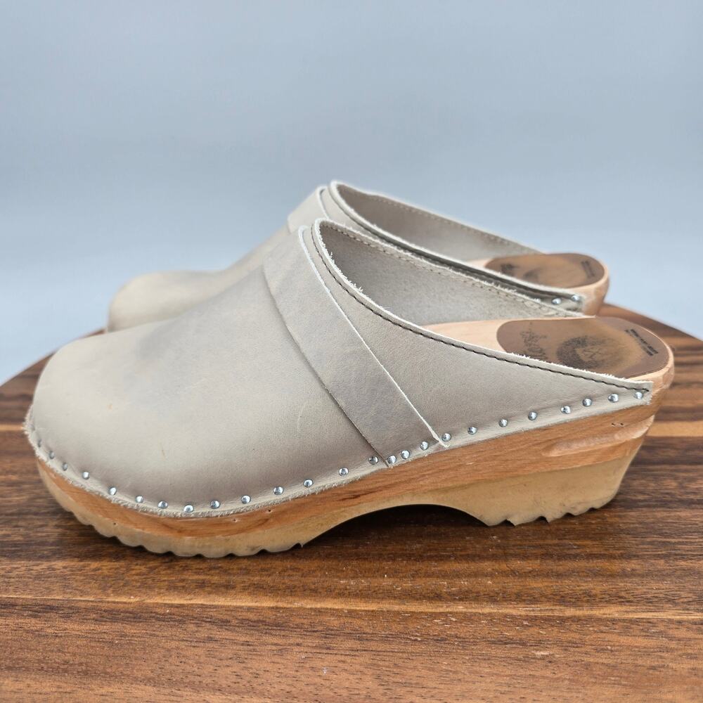 Troentorp Clogs Womens 6 36 Taupe Gray Leather Slip Resistant Work Wooden Wedge - Picture 3 of 10